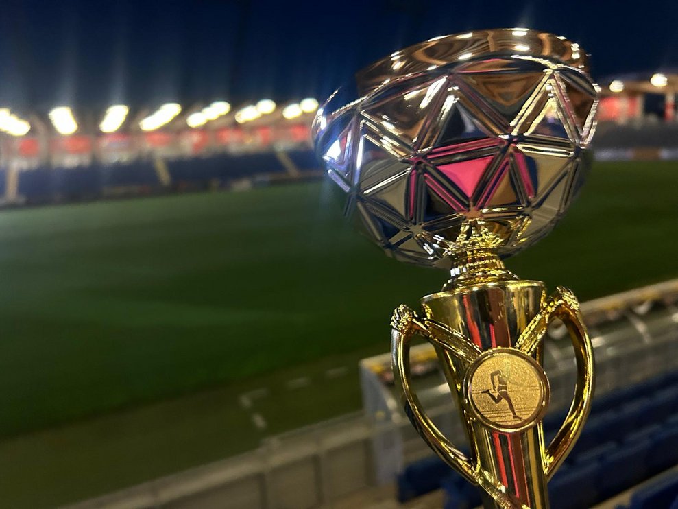 ein Pokal, im Hintergrund ein Stadion