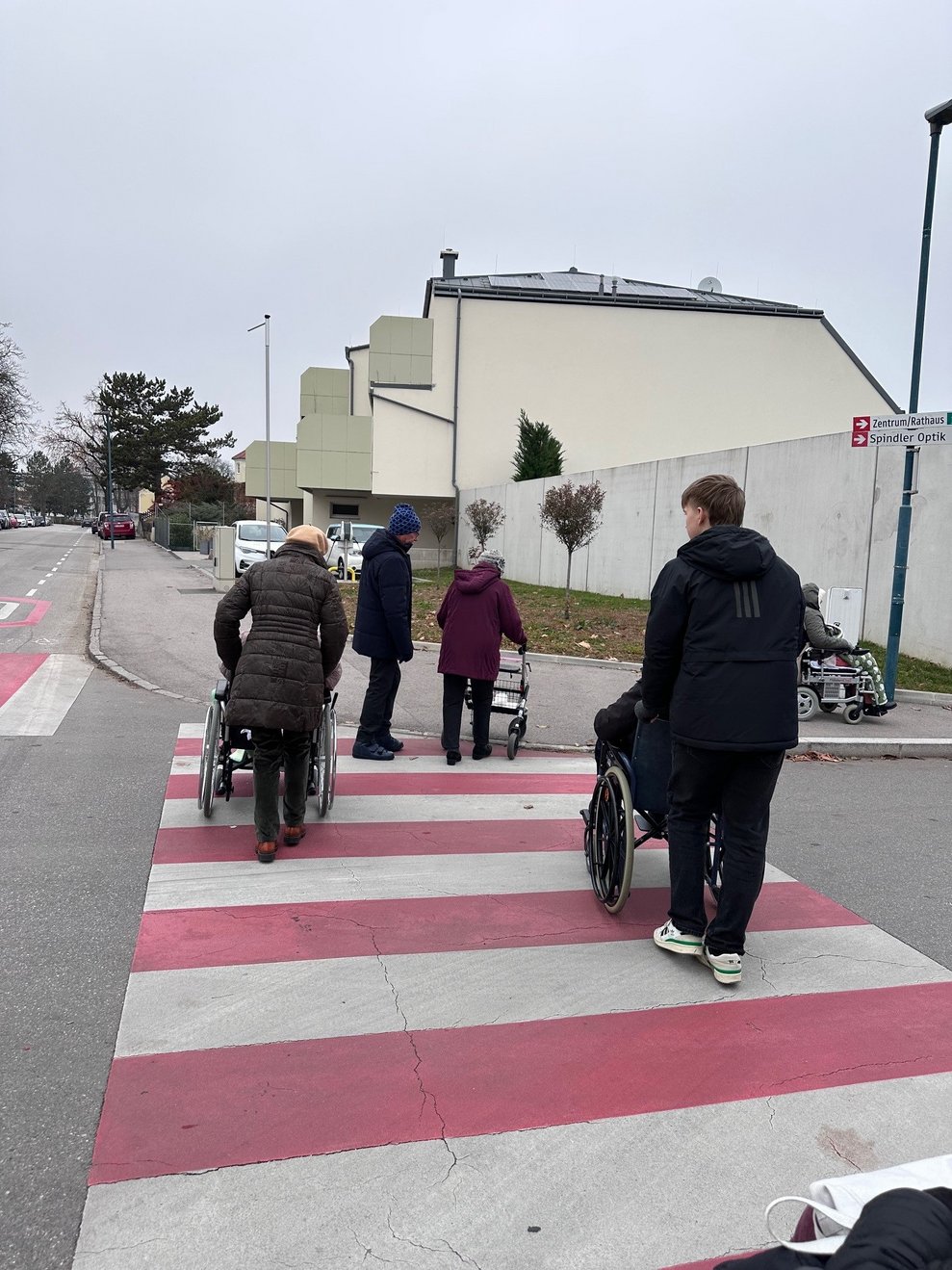 einige Personen die Rollstühle über den Zebrastreifen schieben von hinten
