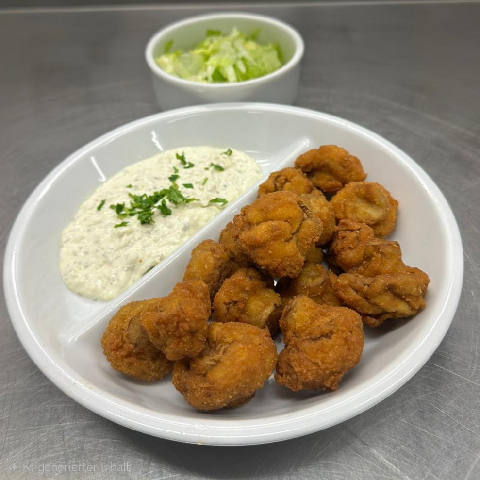 Gebackene Champignon mit Sauce Tartar und Salat