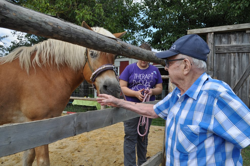 ein älterer Herr streichelt ein Pferd