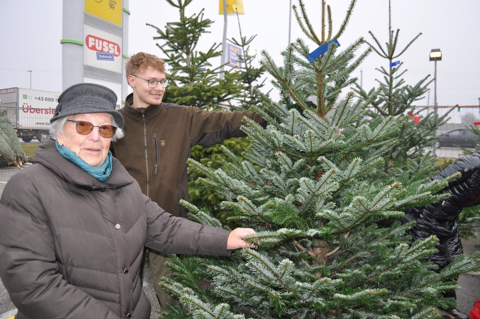 eine ältere Dame und ein Verkäufer beim Christbaumverkaufsstand