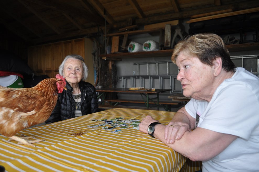 ein Huhn am Tisch und zwei ältere Damen